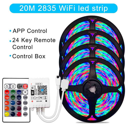 20M 2835 WiFi LED strip with control box and remote on a white background
